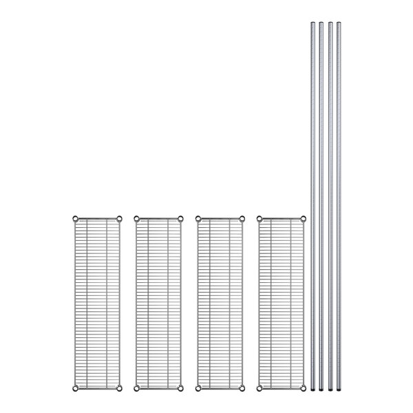A diagram of several metal rods and shelves for a Regency wire rack.