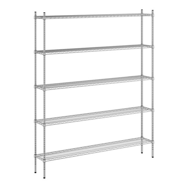 A wireframe of a Regency chrome metal shelving unit with five shelves.