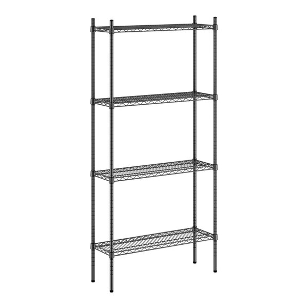 A black metal Regency 4-shelf kit for a Regency shelving unit.