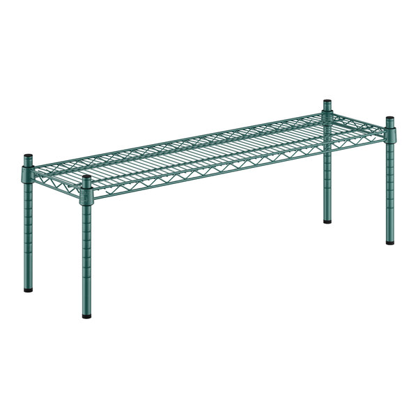 A Regency green metal shelf kit with two shelves on it.