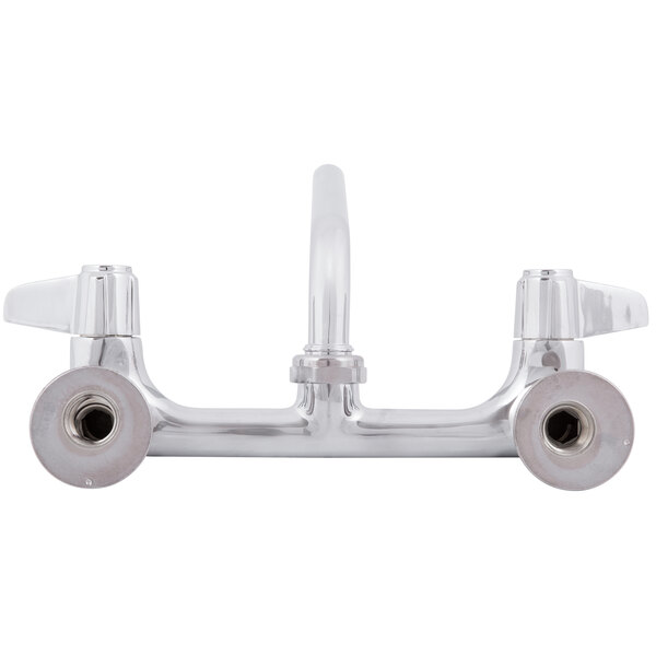 A chrome Equip by T&amp;S wall mount faucet with 10 1/8" swing spout and lever handles.