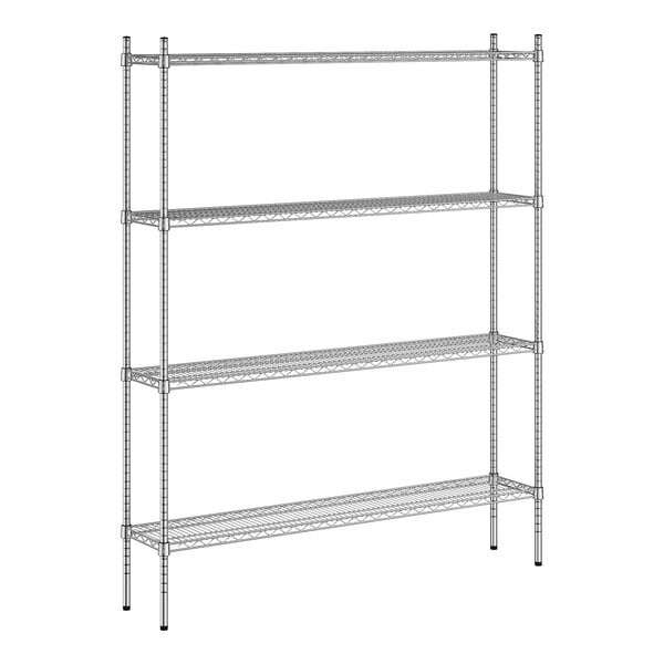 A wireframe of a Regency chrome metal shelving unit with four shelves.