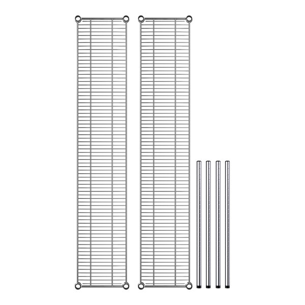 A Regency chrome shelving kit with two shelves, stainless steel rods, and metal bars.