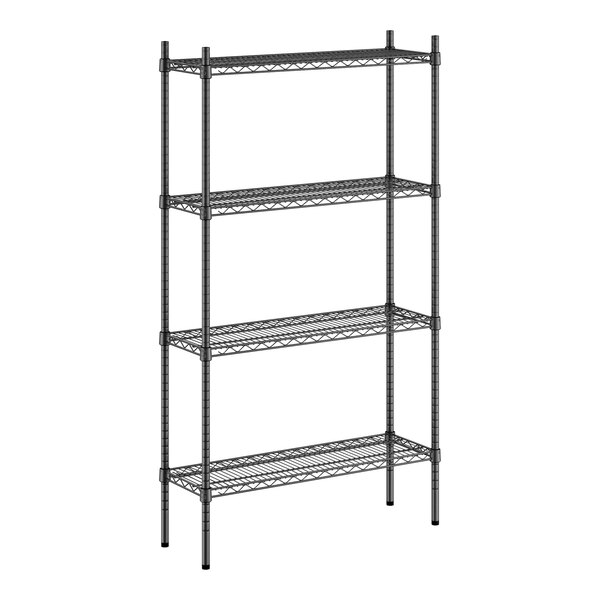 A black wire shelving unit with four shelves.