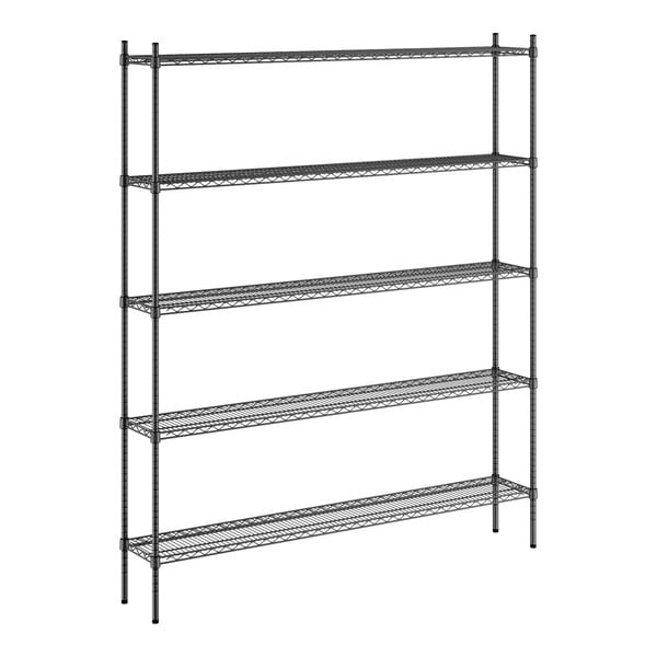 A black metal Regency wire shelving unit with five shelves.