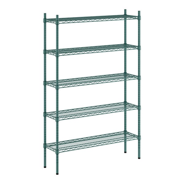 A Regency green wire shelving unit with four shelves.