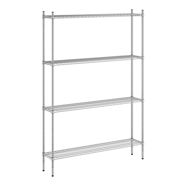 A wireframe of a Regency chrome metal shelving unit with four shelves.