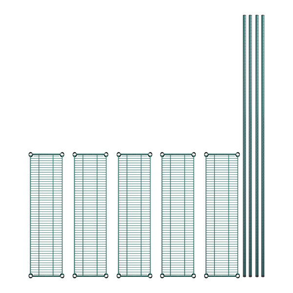 A set of several green metal shelves with metal bars.