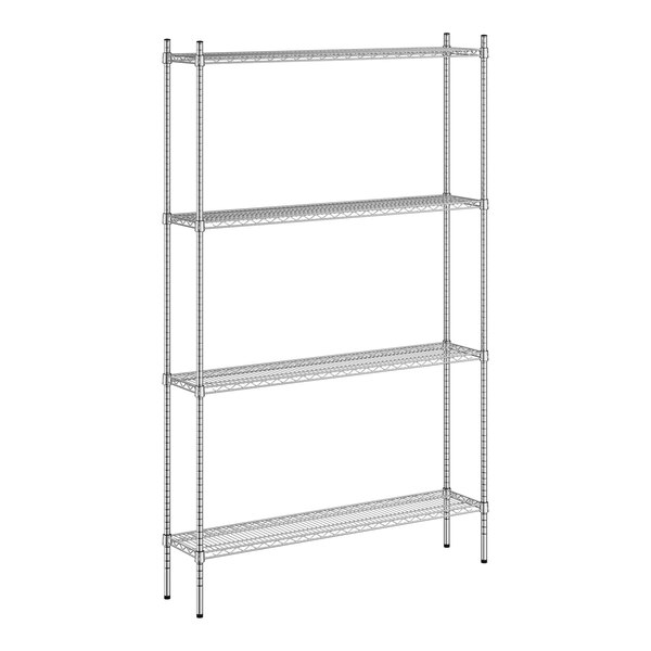 A wireframe of a Regency chrome metal shelving unit with four shelves.