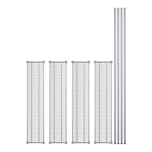 A row of Regency metal shelves with metal rods on each end.