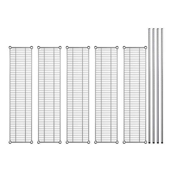 A row of metal shelves with metal rods and a rectangular white rectangular object with black lines.