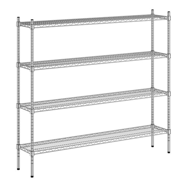 A wireframe of a Regency chrome metal shelving unit with four shelves.