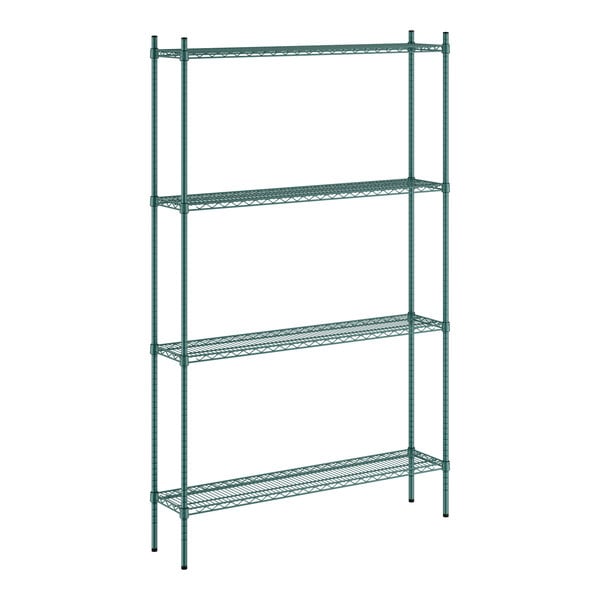 A green metal Regency wire shelving unit with four shelves.