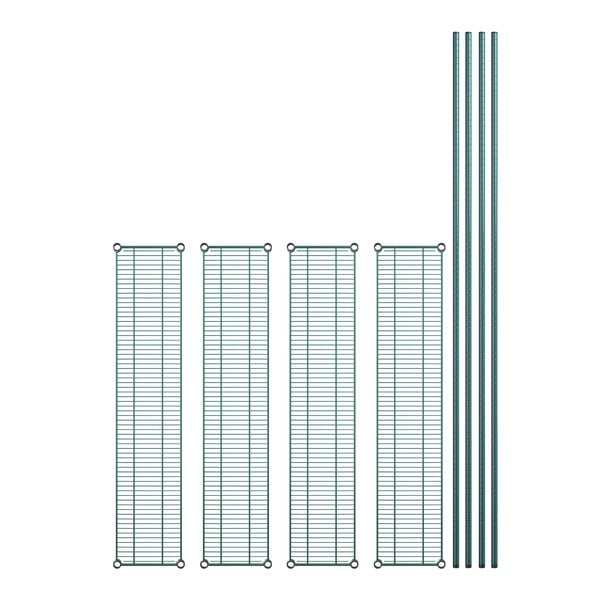 A set of four green metal grid shelves with four metal rods.