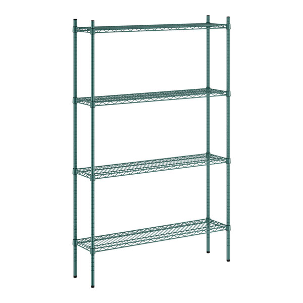 A green wire shelving unit with four shelves.