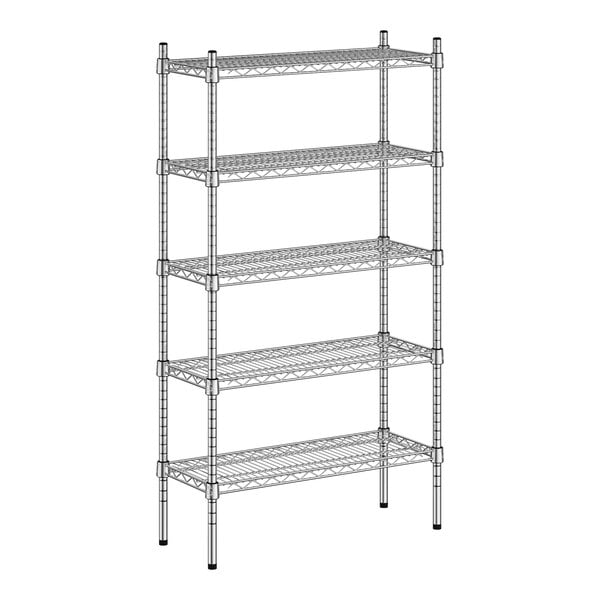 A wireframe of a Regency metal shelving unit with five shelves.