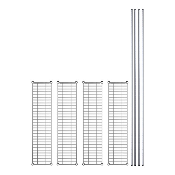 Regency stainless steel shelving kit with four shelves and metal bars.