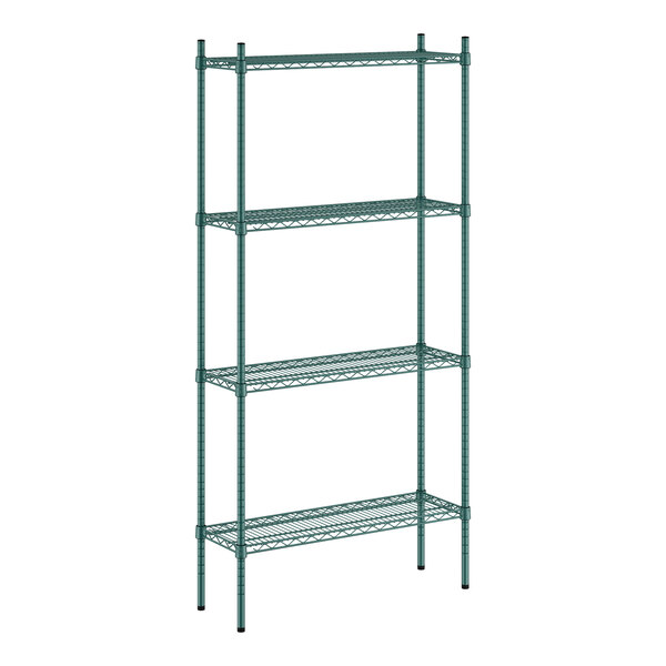 A green wire shelving unit with four shelves.