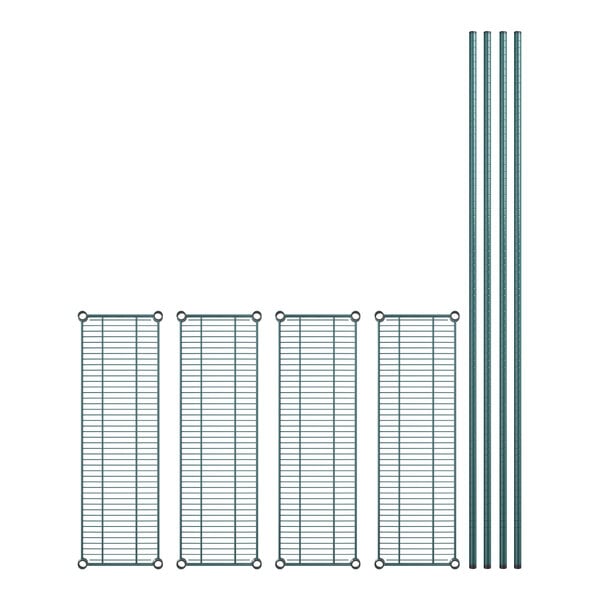 A set of four green metal shelves with metal rods.