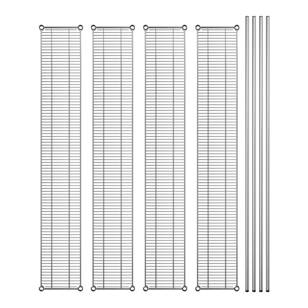 A diagram of a Regency chrome 4-shelf kit with metal shelves and rods.