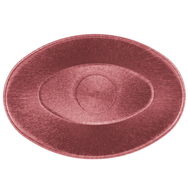A raspberry oval polyethylene basket with a circular design.