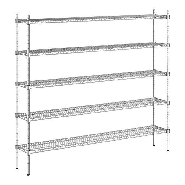 A wireframe of a Regency chrome metal shelving unit with four shelves.