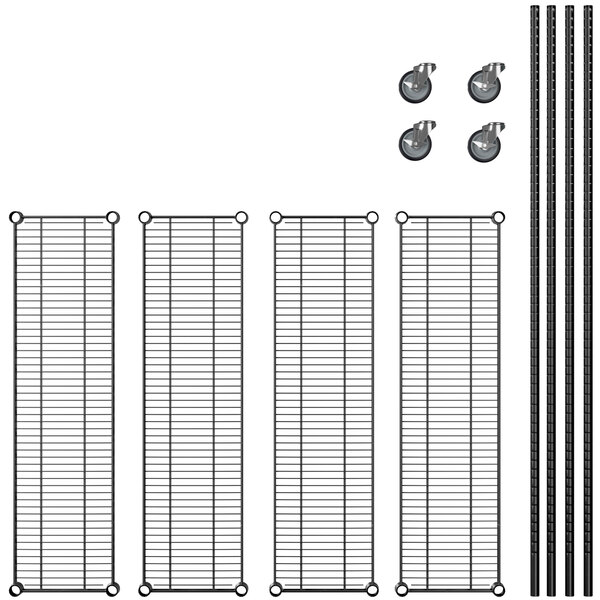 A group of metal shelves with black metal bars.