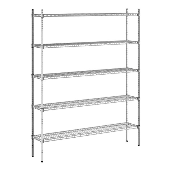 A wireframe of a Regency stainless steel shelving unit with five shelves.