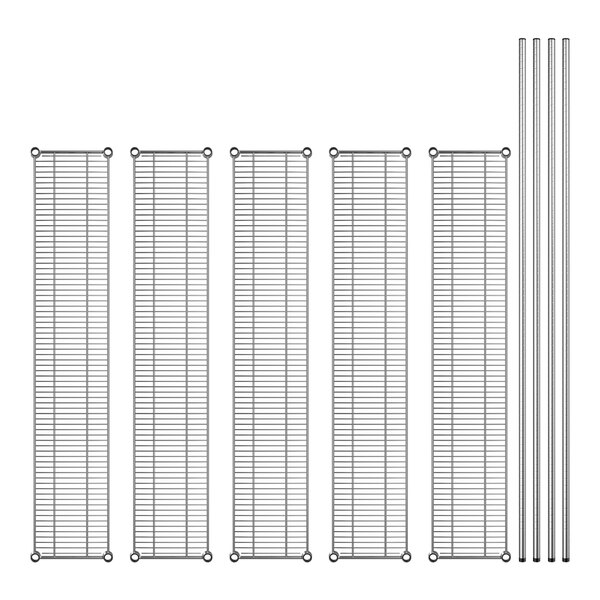 A line of metal shelves with wheels.