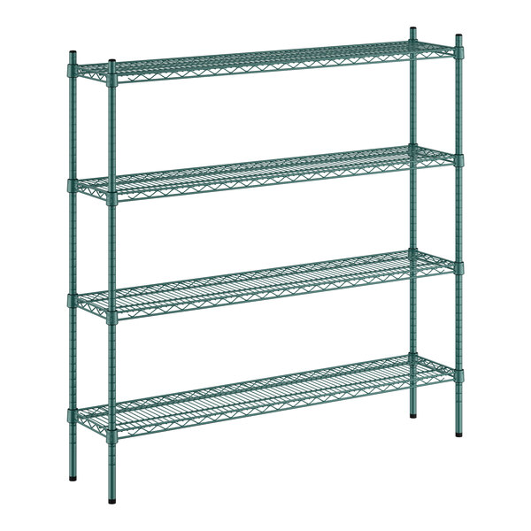 A green metal Regency shelving unit with four shelves.