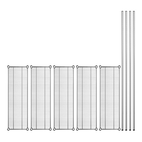 A row of Regency chrome metal shelves with metal rods.