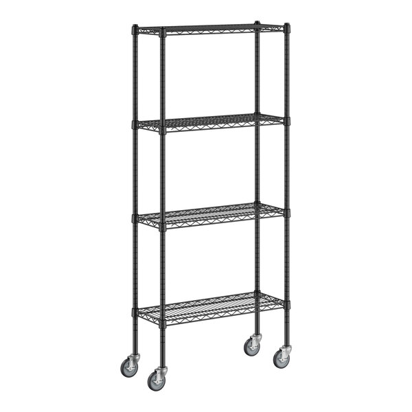 A Regency black metal wire shelving unit with wheels.