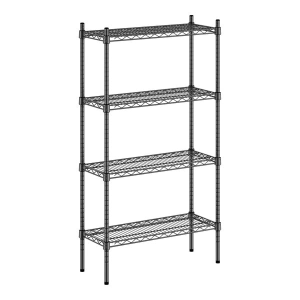 A wireframe of a black Regency metal shelving unit with four shelves.