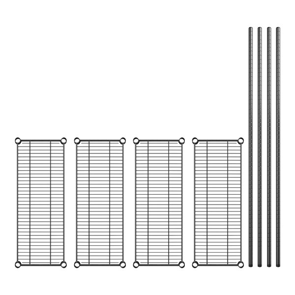 A row of black metal Regency shelves with black metal bars.