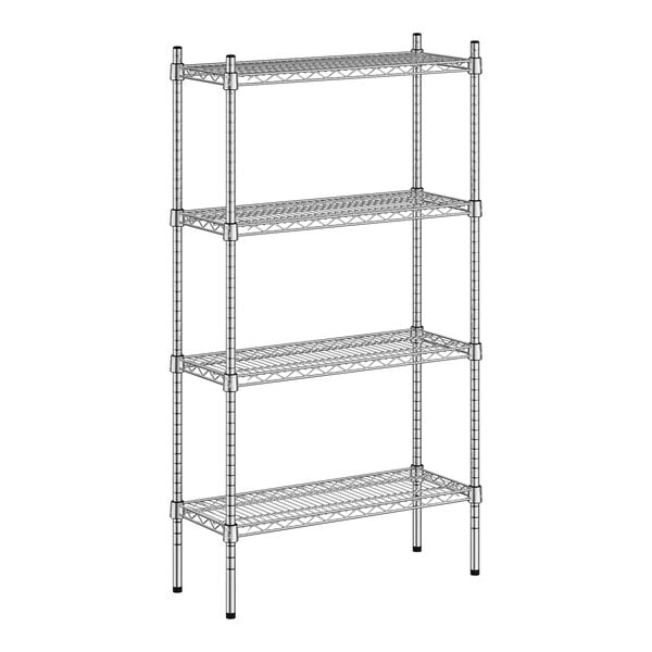 A wireframe of a Regency metal shelf with four shelves.