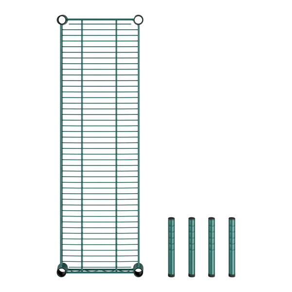 A Regency green metal wire shelf with four poles.