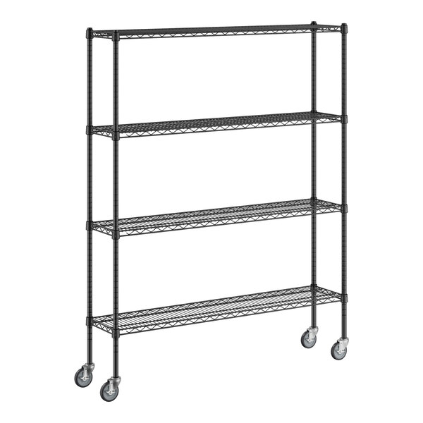 A black metal Regency wire shelving unit with casters.