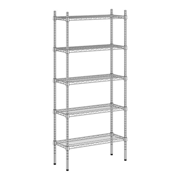 A wireframe of a Regency chrome metal shelving unit with four shelves.