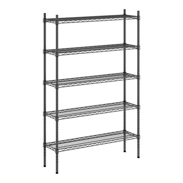 A black metal Regency wire storage rack with four shelves.