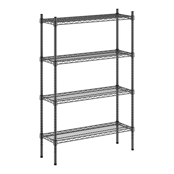 A black metal Regency wire shelving unit with four shelves.