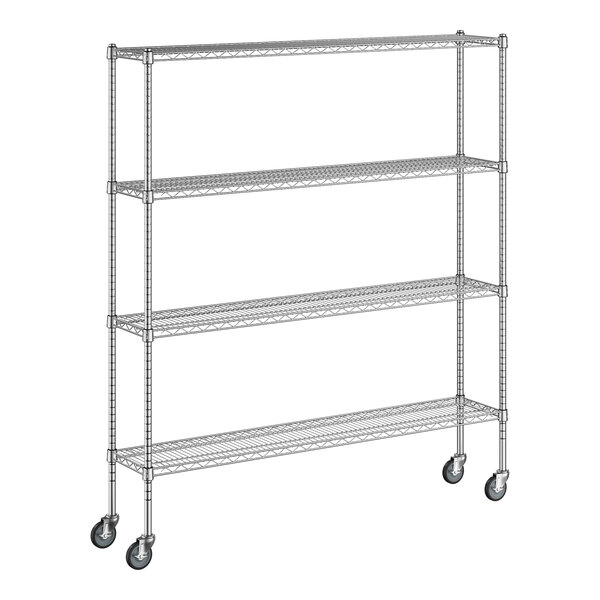 A white wireframe of a Regency chrome shelving unit with wheels.