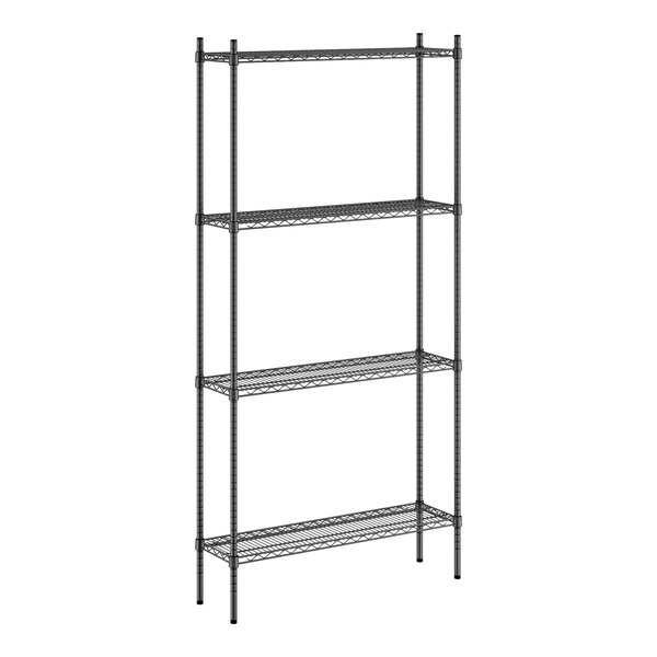 A black metal Regency shelving unit with four wire shelves.