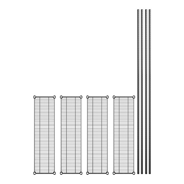 A row of metal shelves with black rectangular pieces connected to metal bars.