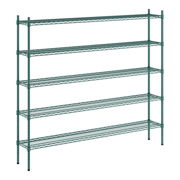 A green metal Regency shelving unit with five shelves.