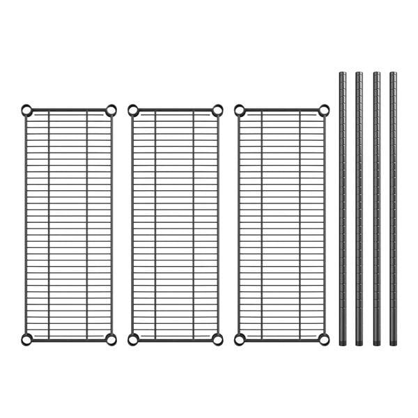 A black metal Regency 3-shelf kit with metal rods.