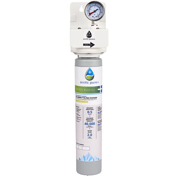 A white and grey Manitowoc water filter cartridge with a gauge.