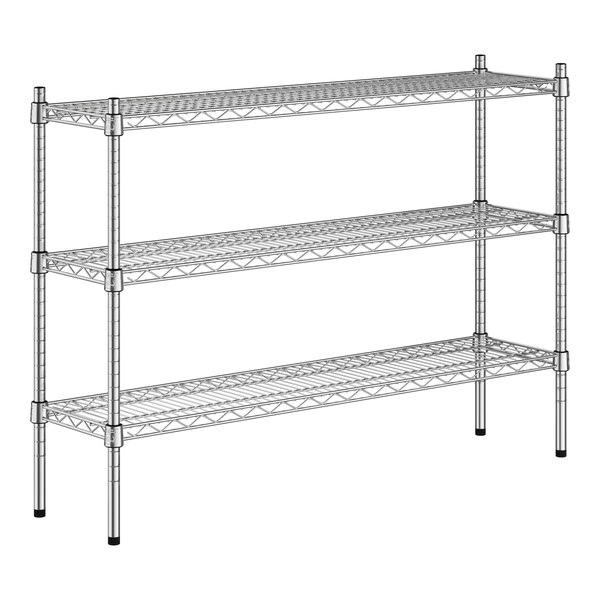 A Regency stainless steel three-shelf kit with wire shelves.