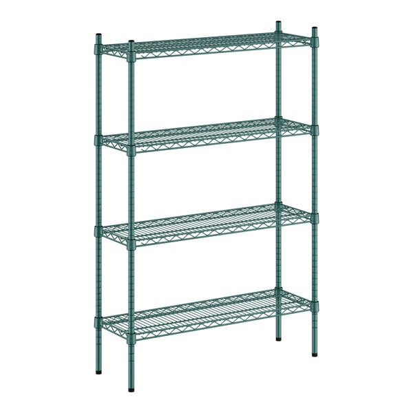 A green metal Regency shelving unit with four shelves.