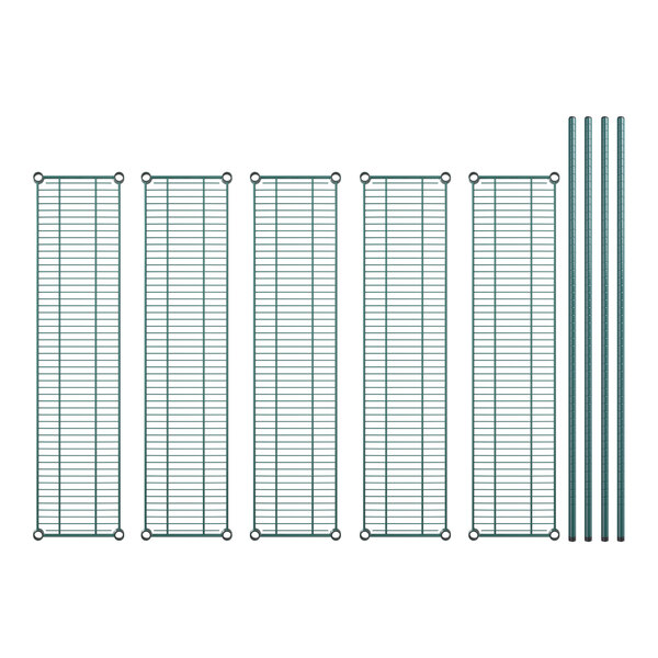 A row of Regency metal wire racks with green epoxy shelves.