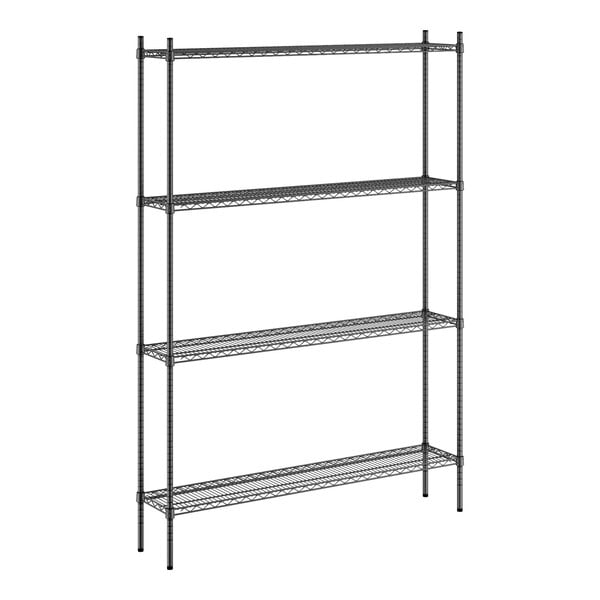 A black metal Regency wire shelving unit with four shelves.